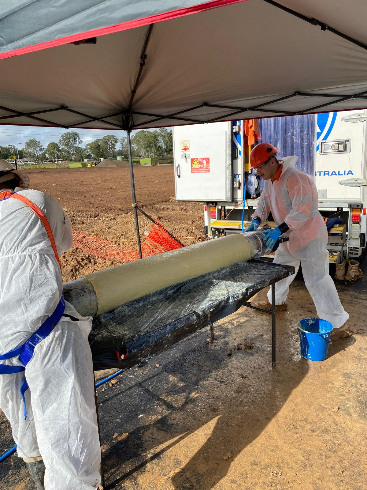 Resin-saturated liner prepared on the wet-out table for inversion