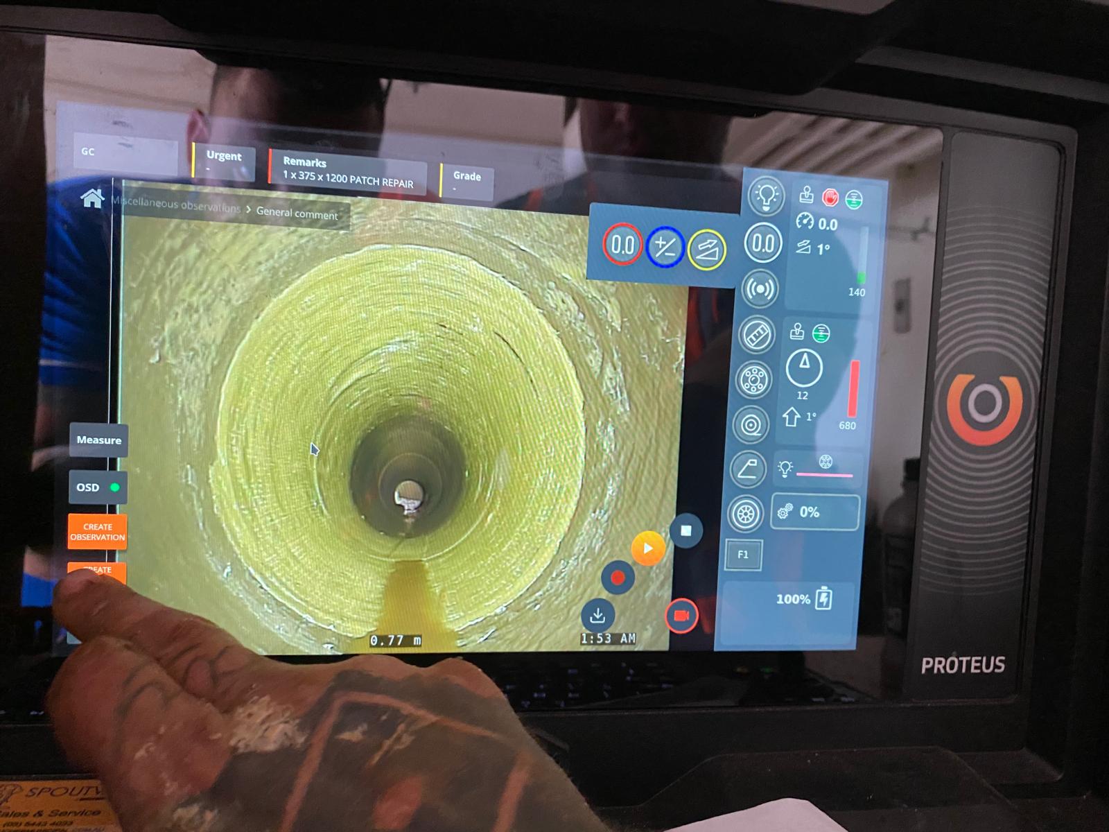 Live Wincan / Proteus defect coding — 375 × 1200 patch repair logged in-field